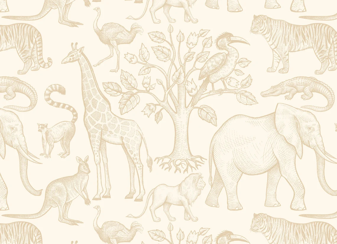 Beige Wild Life Wallpaper, Removable Peel and Stick Wallpaper, Custom Color Wallpaper Nursery Roo... | Etsy (US)