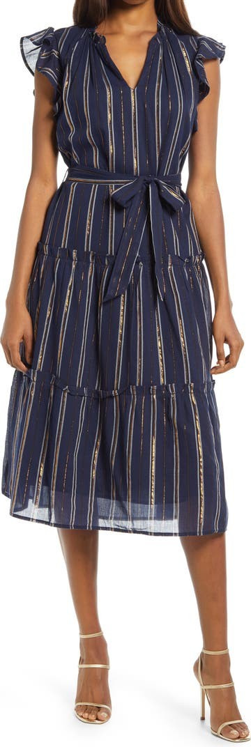 Metallic Stripe Ruffle Sleeve Midi Dress | Nordstrom