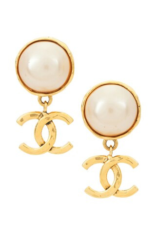 Chanel Coco Mark Pearl Clip-On Earrings in Metallic Gold | FWRD 