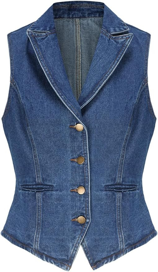 Lapel Denim Vest for Women Sleeveless Jean Waistcoat Vest Top | Amazon (US)