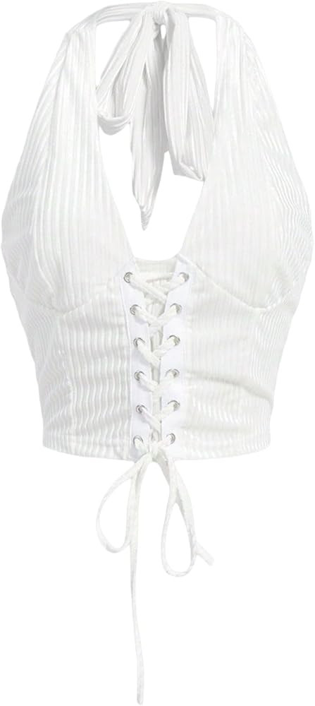 Verdusa Women's Sleeveless Halter Neck Lace Up Front Tie Back Crop Top | Amazon (US)