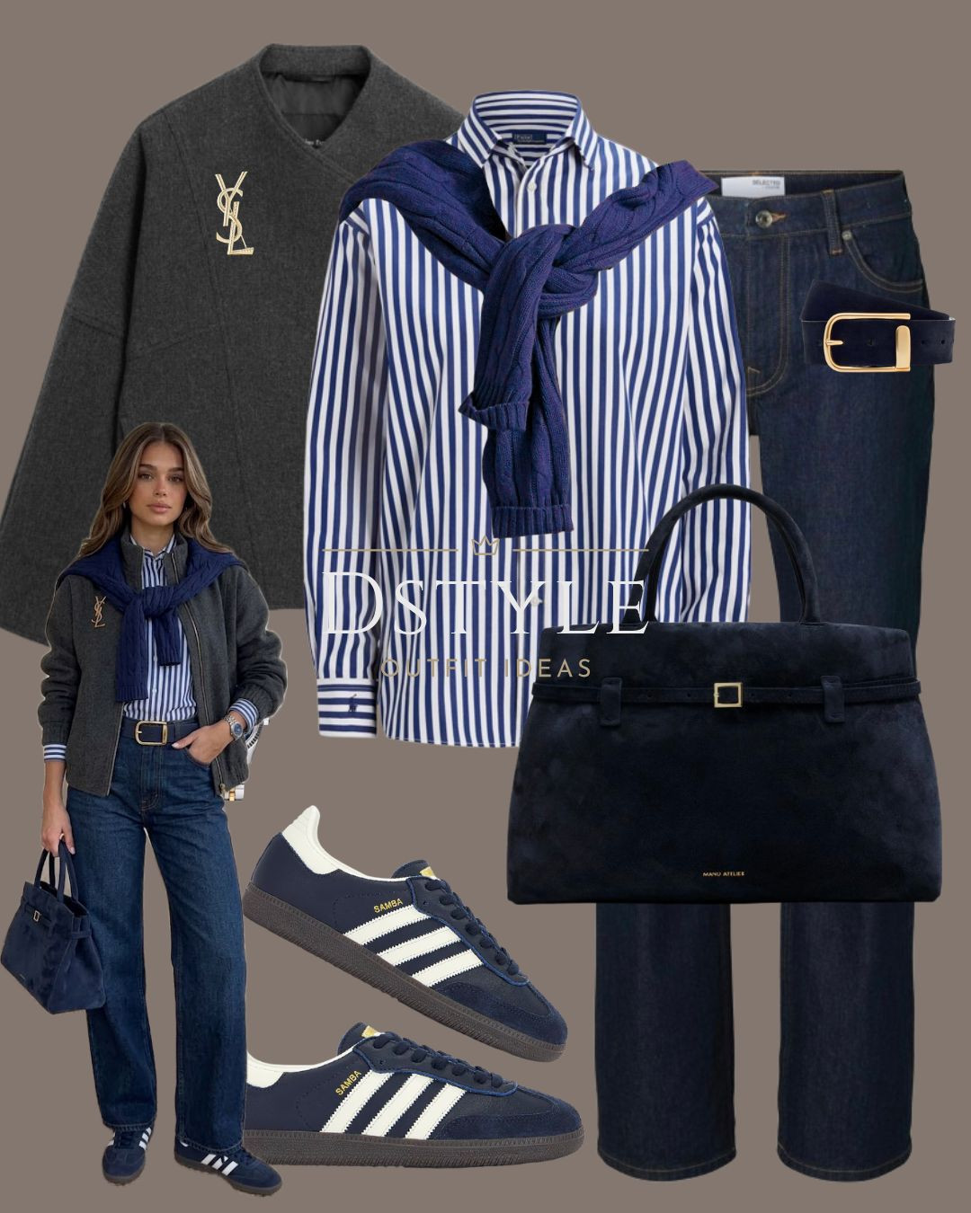 Casual tailored street style 👟 Blue striped button-down layered with a charcoal bomber jacket, dark denim, navy Adidas Sambas, and a suede tote bag.
#PreppyLook #CasualWorkwear #FallLayering #EverydayStyle

#LTKootd #LTKWorkwear