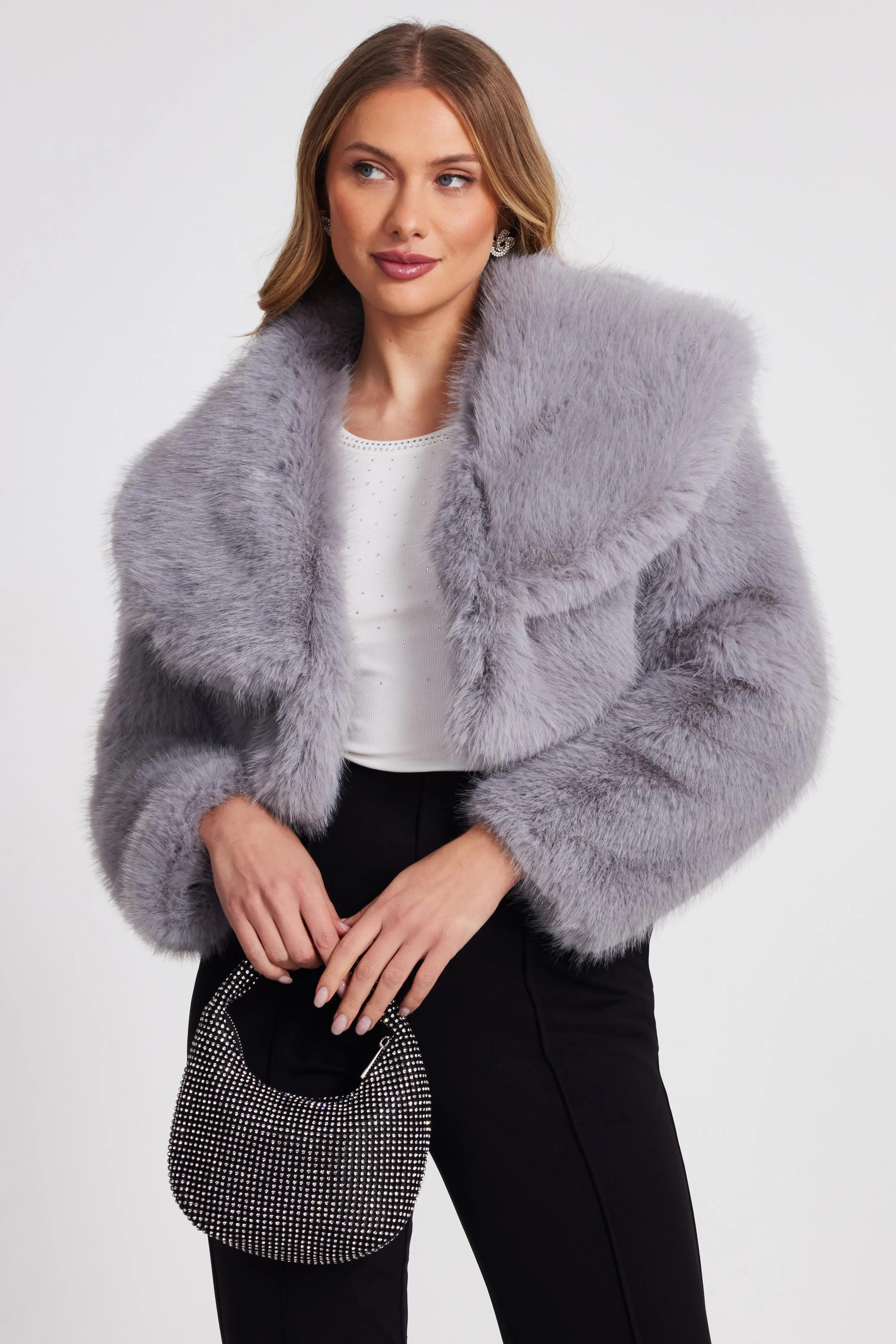 Grey Faux Fur Cropped Jacket | Debenhams UK