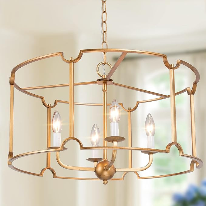 Gold Drum Chandelier, 4-Light Modern Dining Room Chandelier Lighting, Large Round Gold Pendant Li... | Amazon (US)