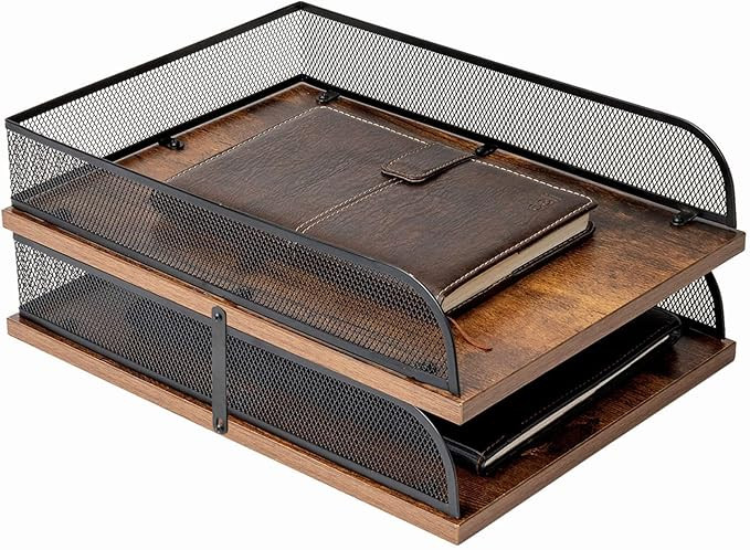 Set of 2 Vintage Wood & Metal Letter Tray，Desk Organizers Paper Tray，Office File Organizer(Bl... | Amazon (US)