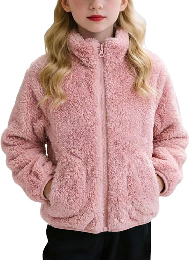 Girls Fleece Jacket Winter Warm Zip Up Stand Collar Sherpa Coat | Amazon (US)
