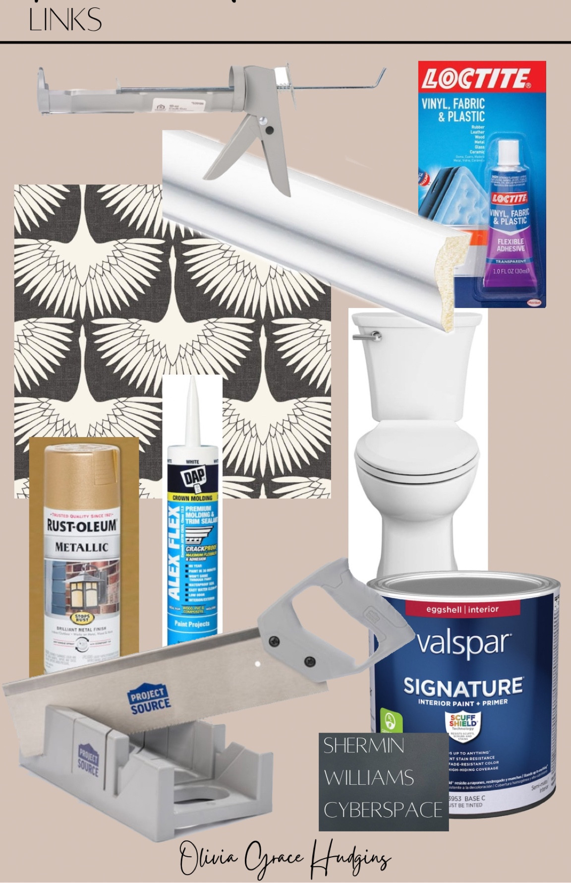 All the products I used to redo my powder room
- this was the only kind of molding they had in the store so you don’t need to get one with the lip!
- paint was cyberspace