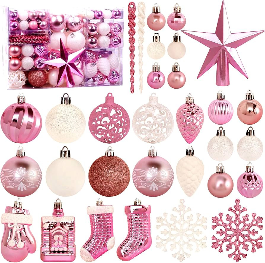 Christmas Tree Ornament, 132pcs Christmas Tree Decoration Set Pink Christmas Ball Shatterproof Ha... | Amazon (US)