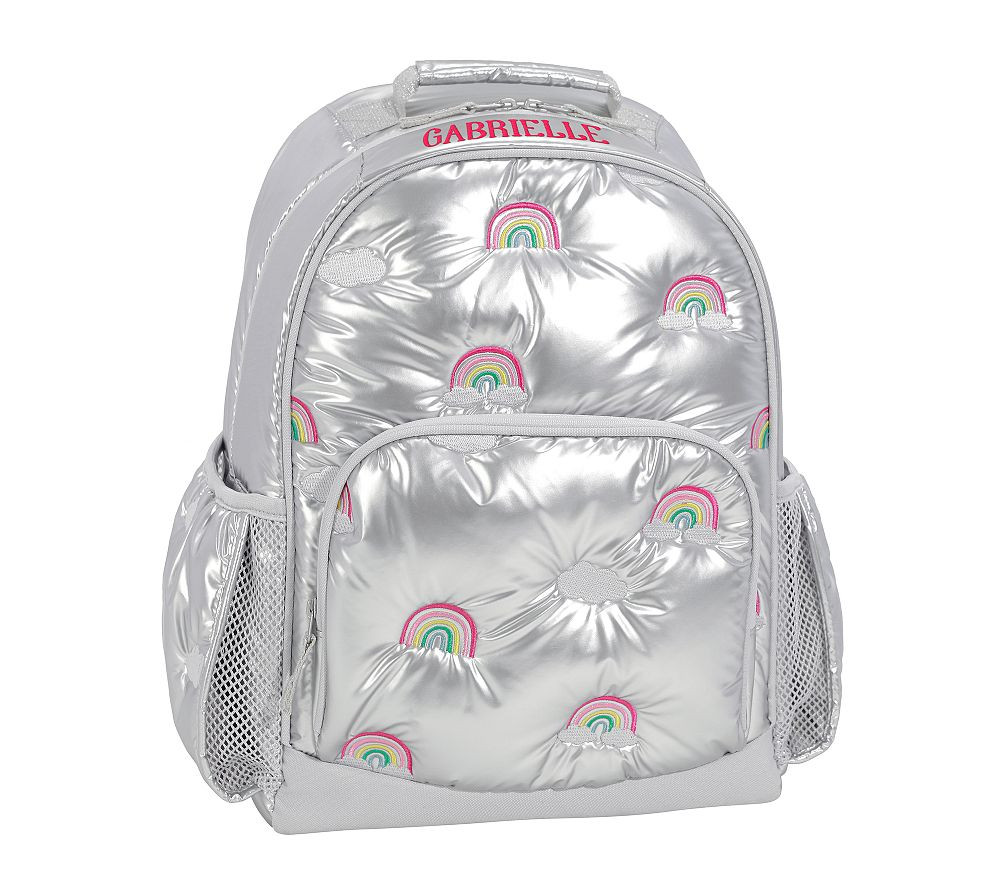 Mackenzie Puffer Metallic Silver Rainbows Backpack | Pottery Barn Kids