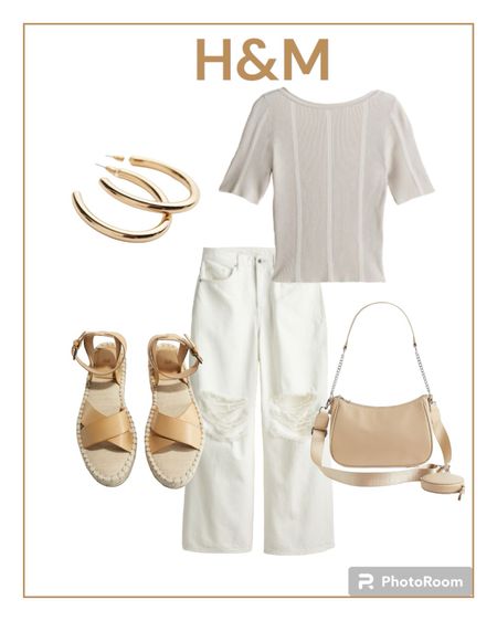 H & M new summer outfit. Wide leg white jean and neutral top. Cute sandals and bag. 

#summeroutfit
#whitejeans
#neutreloutfit

#LTKstyletip #LTKitbag #LTKshoecrush