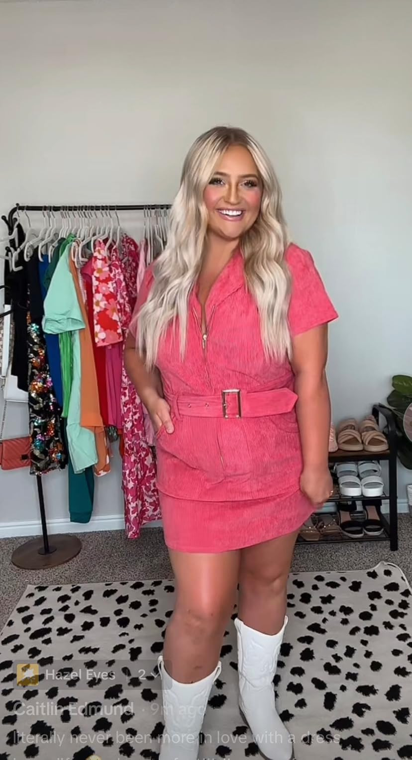 Women's Corduroy Mini Dress Short Sleeve Lapel Zip Up Belted Cowgirl Dresses with Pockets | Amazon (US)