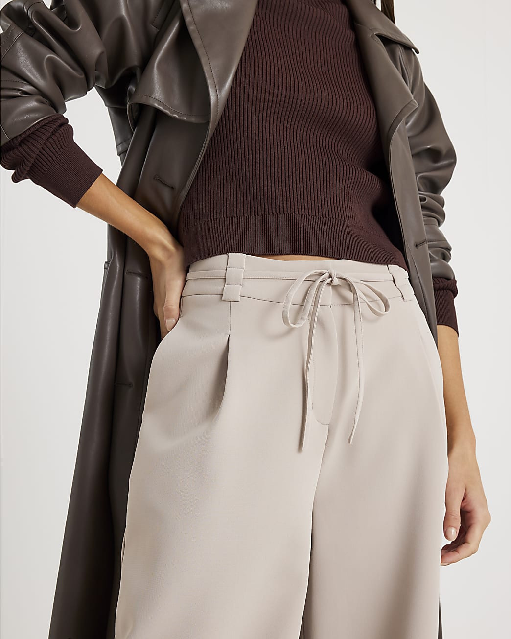 Beige Tie Waist Wide Leg Trousers | River Island UK & IE
