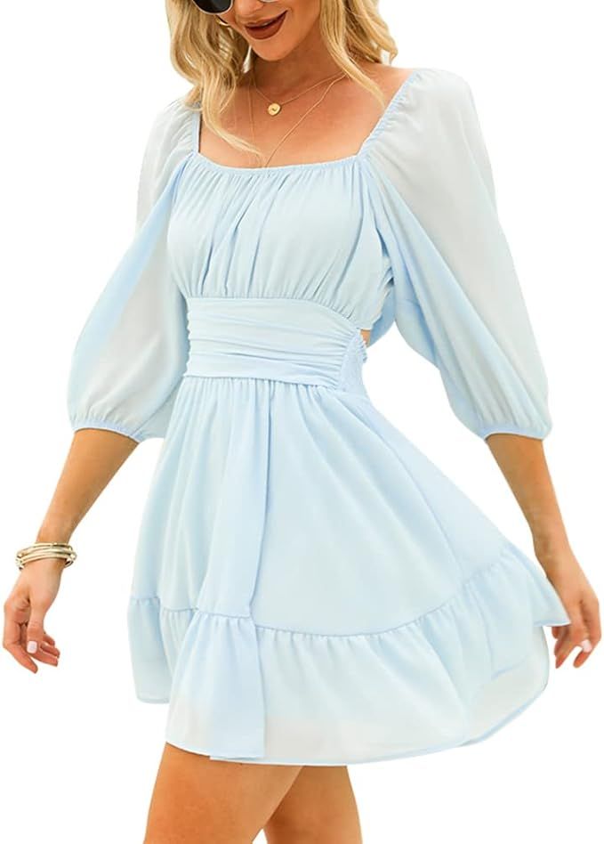 EXLURA Women's Lantern Sleeve Tie Back Casual Dresses Ruffled Off Shoulder A-Line Vintage Mini Dr... | Amazon (US)
