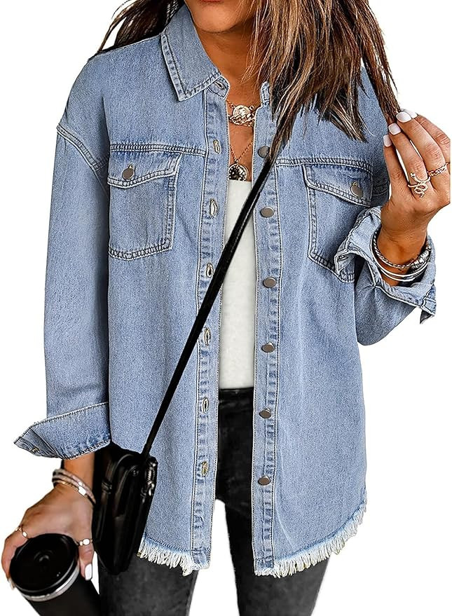 luvamia Denim Jacket for Women Oversized Button Down Casual Jean Shacket Jackets Long Sleeve Fray... | Amazon (US)