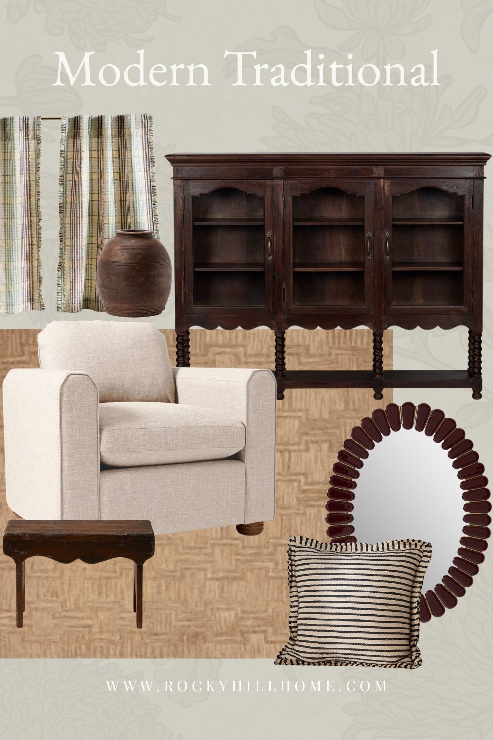 Modern traditional style is all about mixing timeless character with updated silhouettes. I paired a dark wood vintage style sideboard with the beautiful West Elm x Pierce & Ward chair and Pierce & Ward mirror for a collected, layered look. Warm wood tones, plaid cafe curtains, vintage-inspired accents, and classic textiles create a space that feels both elevated and inviting.

#LTKSaleAlert #LTKHome