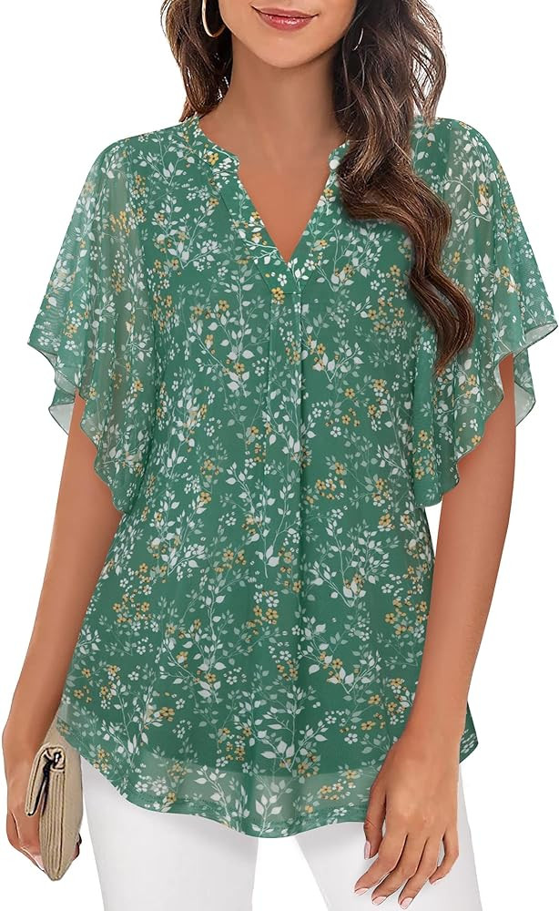 Timeson Women's Short Sleeve V Neck Blouses Shirts Floral Double Layers Mesh Tunics Tops | Amazon (US)