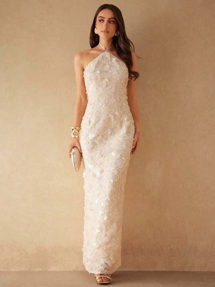 Silquee Vestido Elegante De Mujer Con Lentejuelas, Escote Halter, Espalda Descubierta Y Abertura Alta, Para Verano | SHEIN