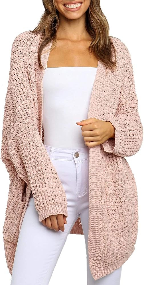 Women's Long Batwing Sleeve Open Front Chunky Knit Cardigan Sweater with Pockets | Amazon (US)