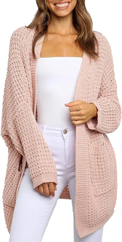 Women's Long Batwing Sleeve Open Front Chunky Knit Cardigan Sweater with Pockets | Amazon (US)
