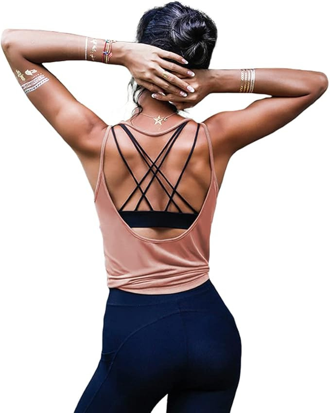 OYANUS Strappy Sports Bra for Women, Sexy Crisscross Backless Medium Support Yoga Bra with Remova... | Amazon (US)