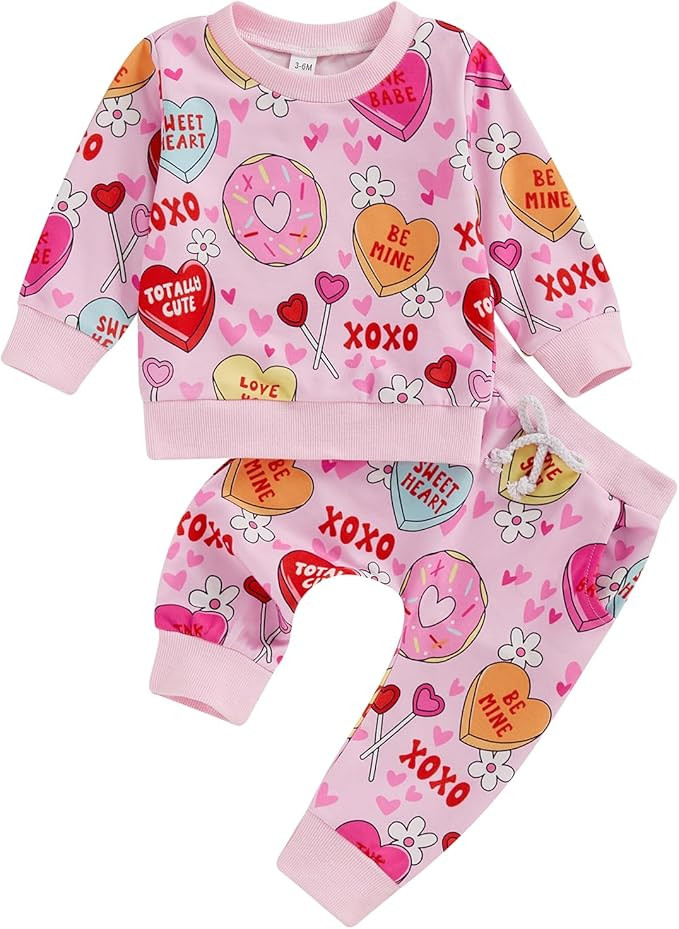Gueuusu Infant Toddler Baby Girl Valentine 's Day Outfits Long Sleeve Heart Sweatshirt Pants 2Pcs... | Amazon (US)