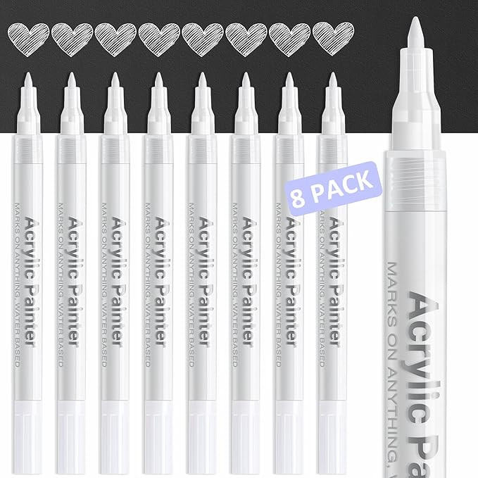 AKARUED White Paint Pen Acrylic Marker: 8 Pack 0.7mm White Paint Marker for Black Paper, Metal, W... | Amazon (US)