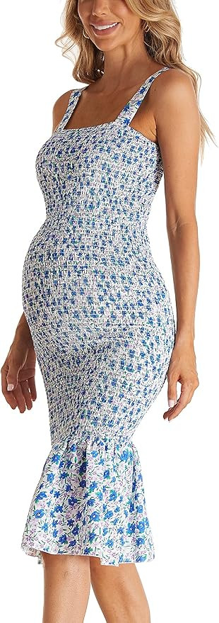 Summer Tank Maternity Dress Sleeveless Strappy Floral Midi Bodycon Square Neck Ruffle Mermaid Smo... | Amazon (US)