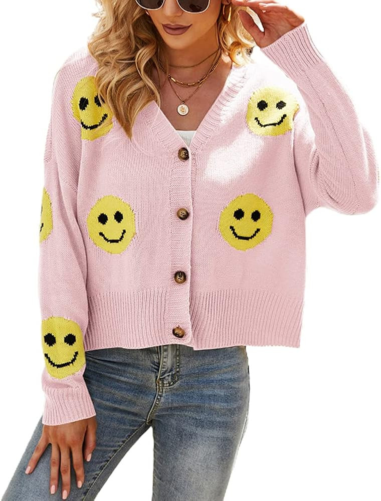 chouyatou Women's Loose-Fit Smile Face Jacquard Knitted Cardigan Sweater Jacket | Amazon (US)