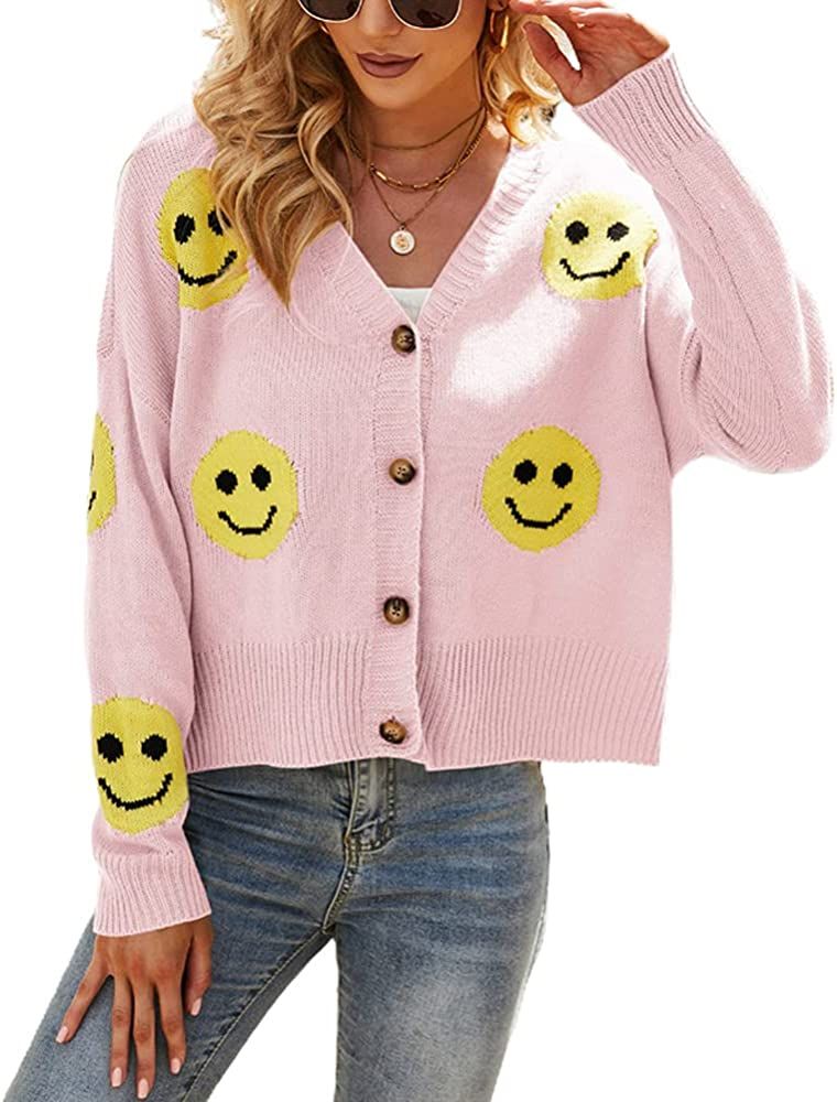 chouyatou Women's Loose-Fit Smile Face Jacquard Knitted Cardigan Sweater Jacket | Amazon (US)