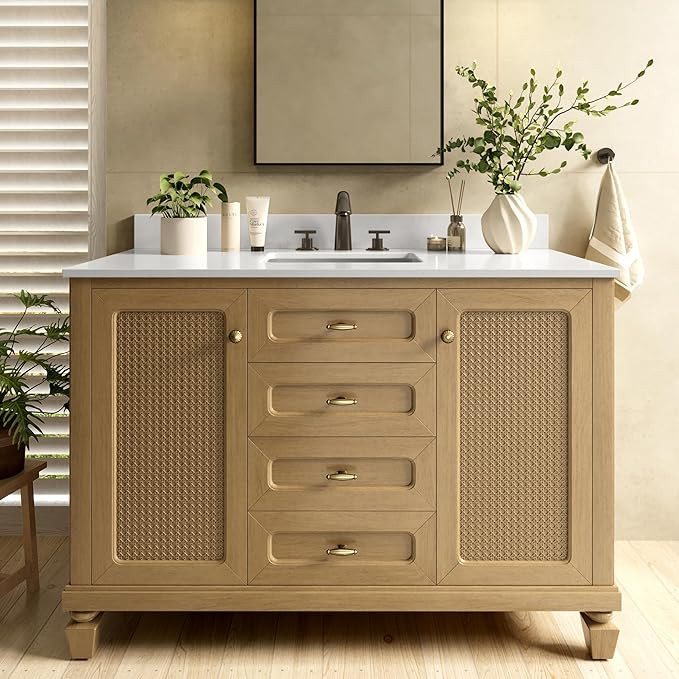 48 Inch Bathroom Vanity with Sink, Solid Wood Frame & Marble Countertop & Backspalsh & Solid Ratt... | Amazon (US)