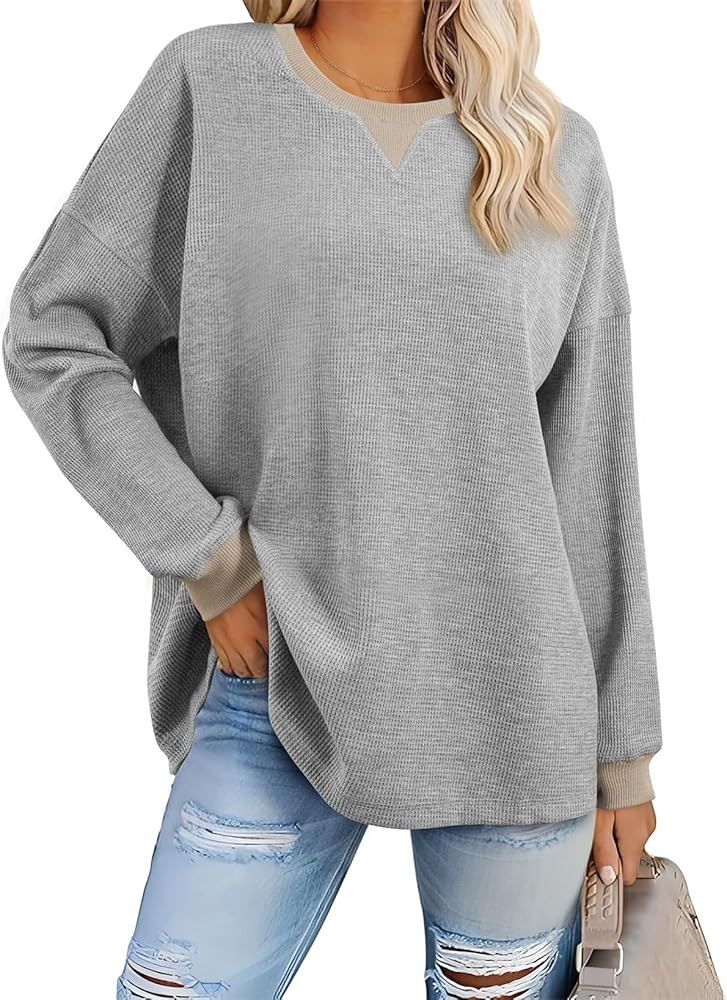 AlvaQ Womens Oversized Sweatshirts 2024 Casual Crewneck Long Sleeve Waffle Knit Tops Pullover Jum... | Amazon (US)