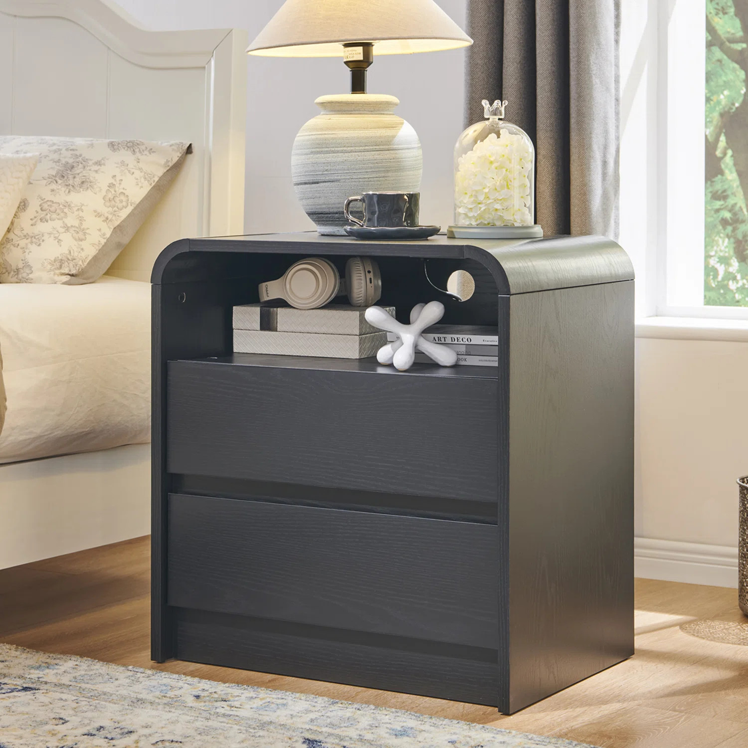 25" Tall Modern Nightstand with Charging Station, 23.6'' Wide Wood Bedside Table w/2 Storage Draw... | Wayfair North America
