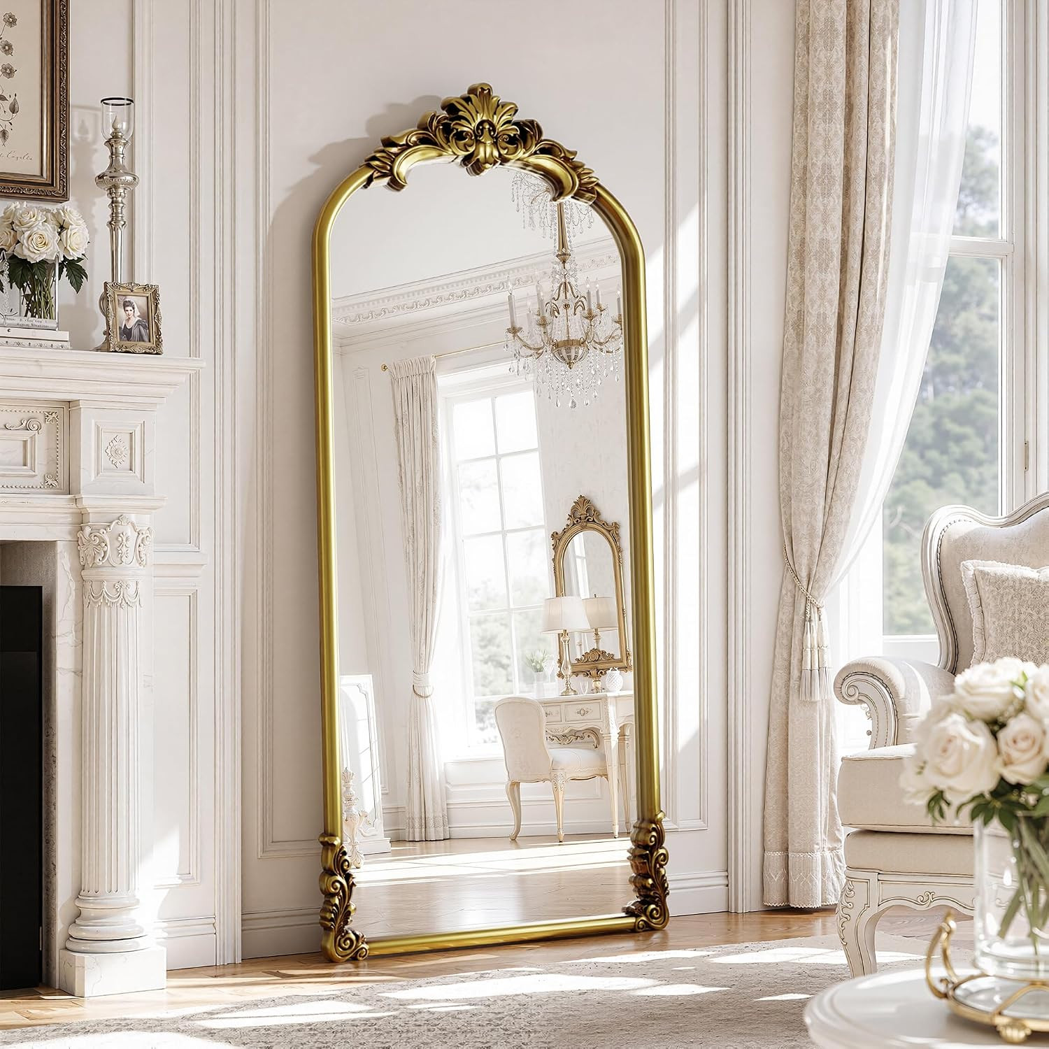 Vintage Arched Floor Mirror 28"x 69" with Stand Matte Gold | Amazon (US)