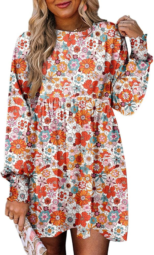 Dokotoo Casual Dresses for Women Flowy Boho Floral Long Sleeve Empire Waist Babydoll Mini Dress | Amazon (US)