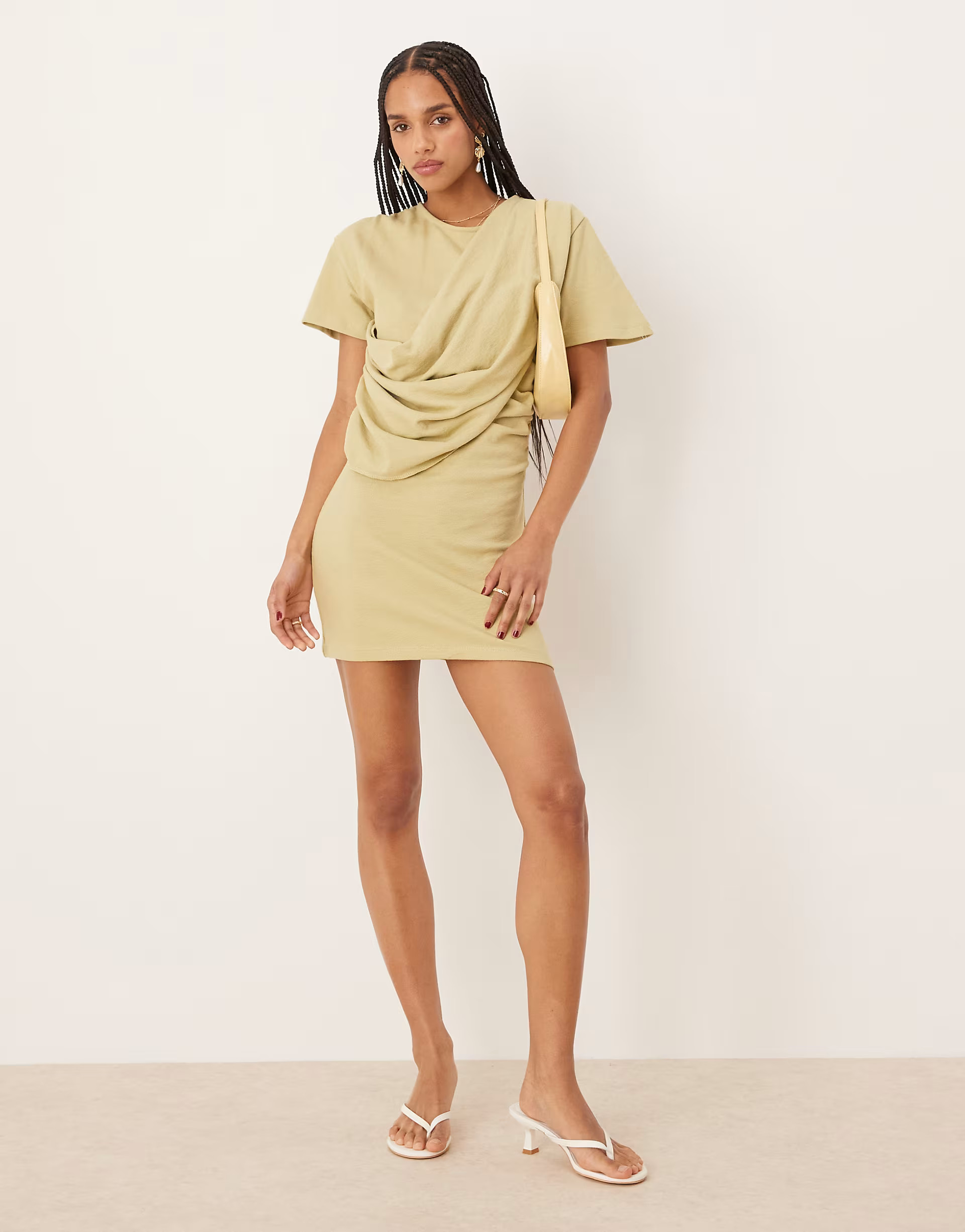 ASOS DESIGN textured short sleeve drape front mini dress in olive green | ASOS (Global)