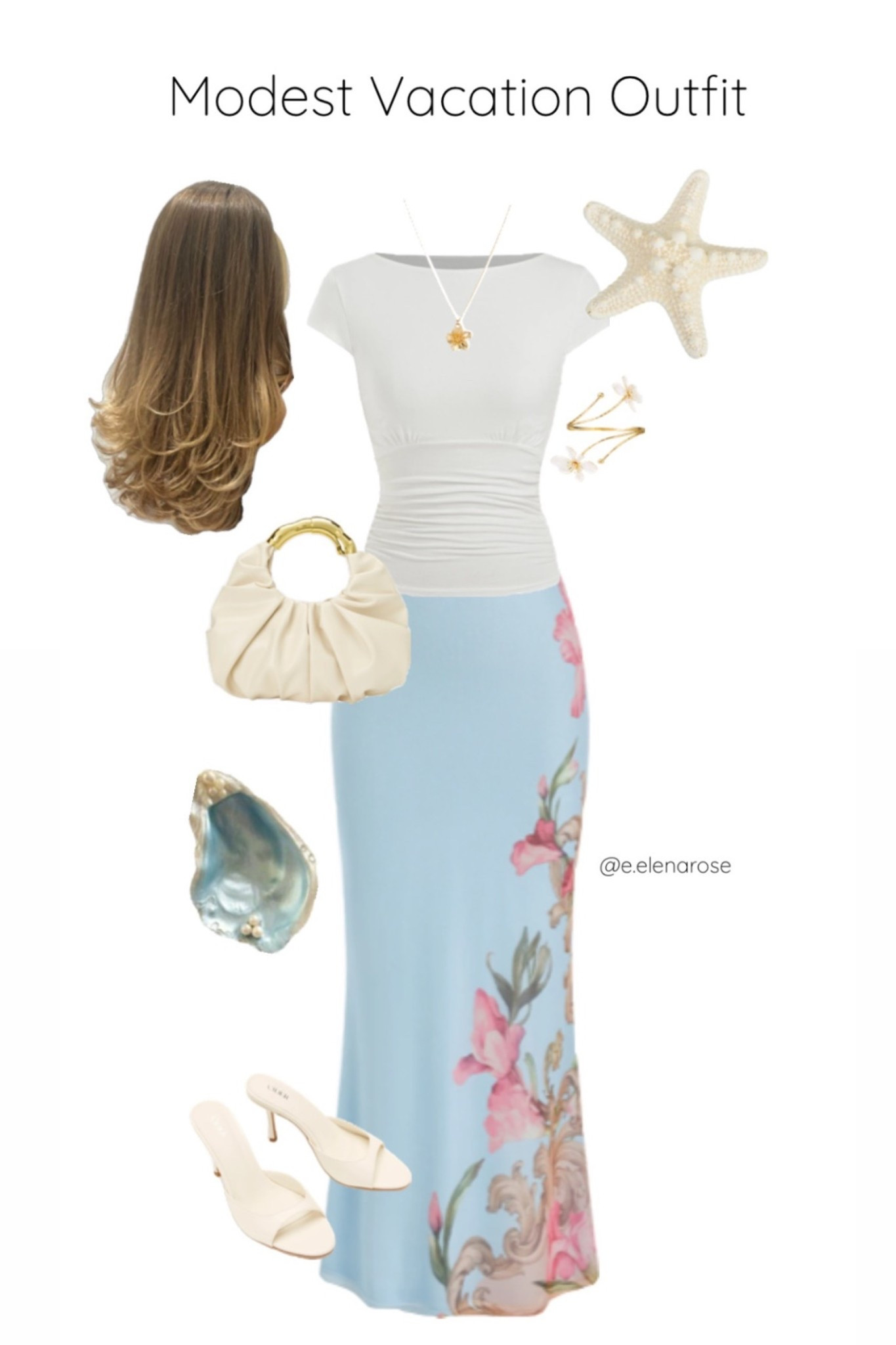 Modest coastal vacation outfit

modest vacation outfit, coastal outfit, floral maxi skirt, blue maxi skirt outfit, white ruched top, feminine summer outfit, elegant holiday look, modest summer fashion, resort wear, beach vacation outfit, cream accessories, white heels, romantic summer style, Mediterranean outfit, classy vacation outfit