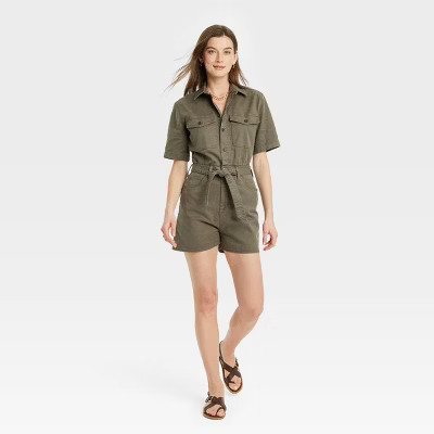 Women's Short Sleeve Denim Romper - Universal Thread™ Olive Green 10 | Target