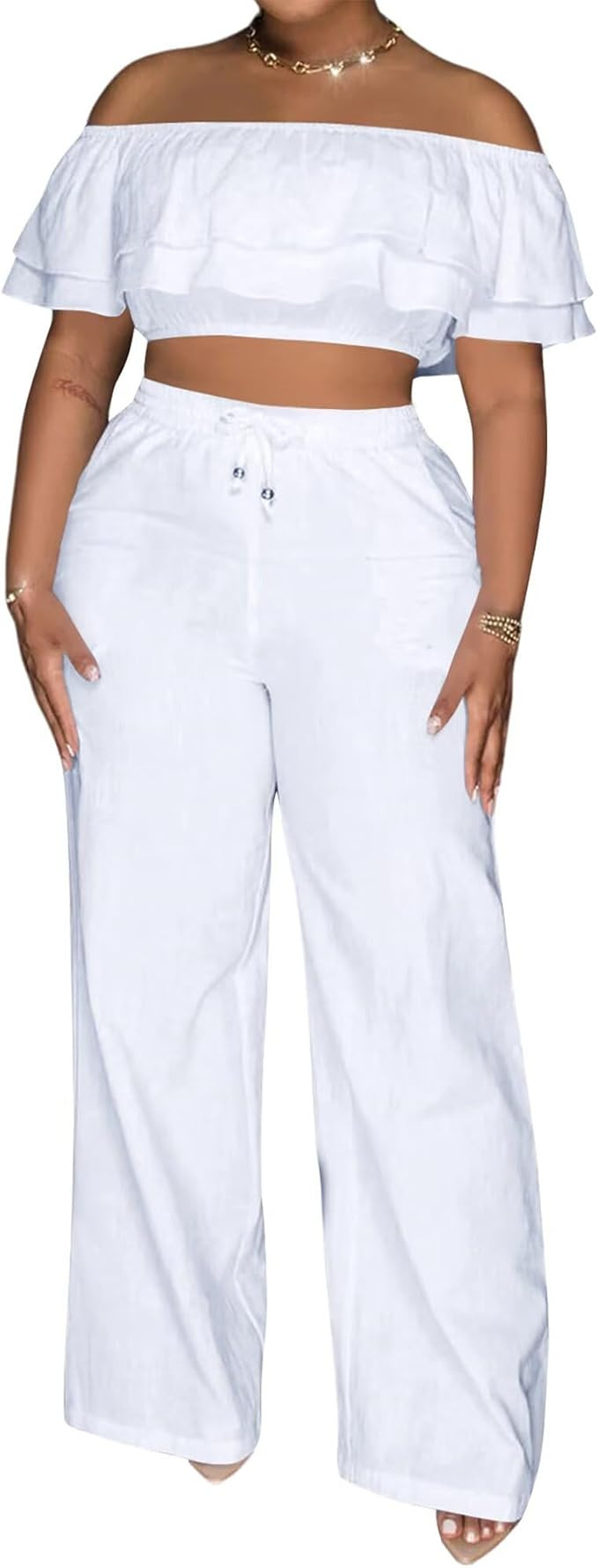 Adogirl 2 Piece Outfits For Women Off Shoulder Ruffle Trim Short Sleeve Top Wide Leg Pants Sets S... | Amazon (US)