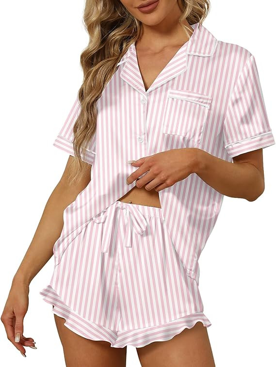 SAPJON Satin Silk Pajamas for Women 2Pcs Ruffle Notch Collar Sleepwear Button Down Short Sleeve S... | Amazon (US)