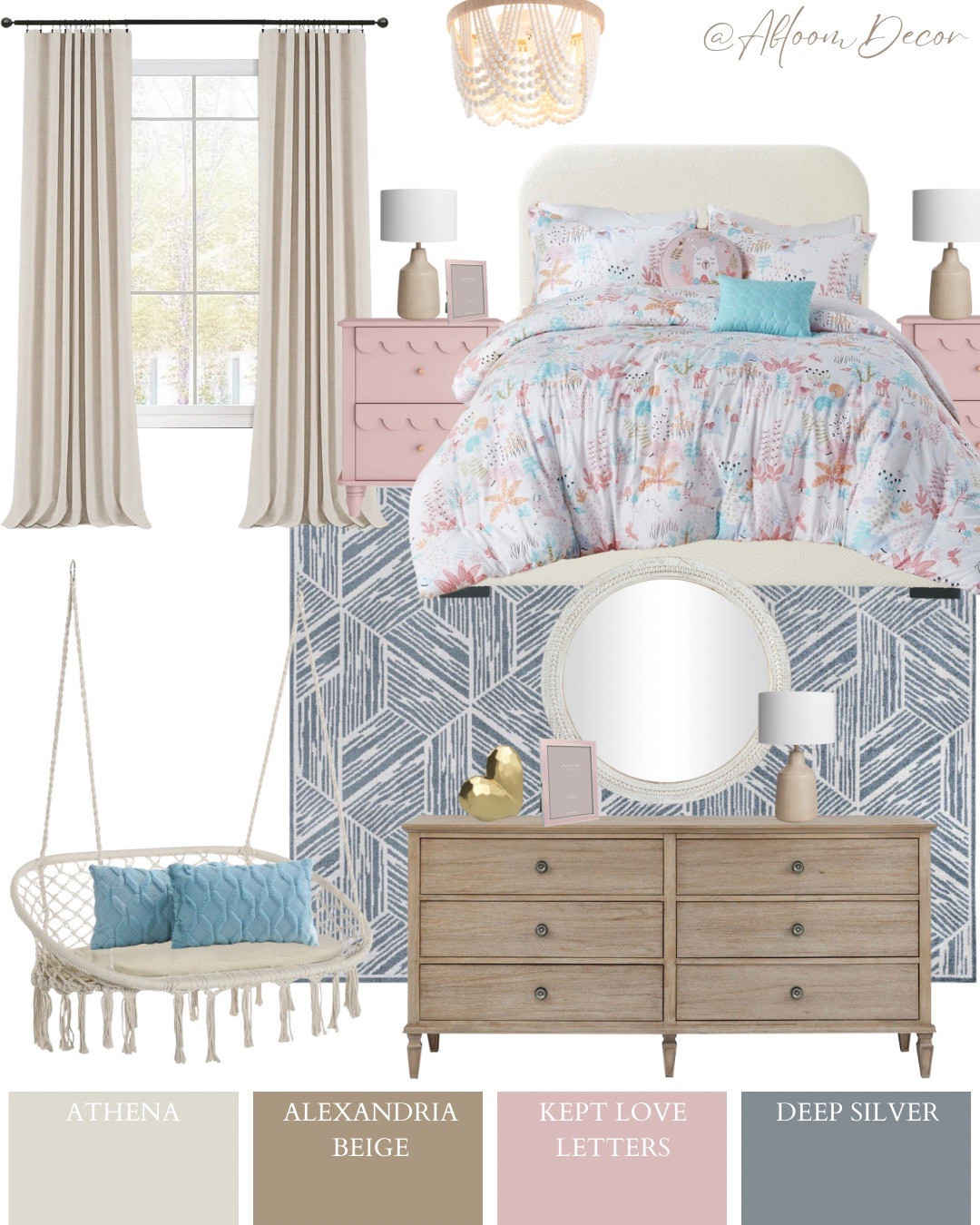 This cozy bedroom design feels soft, playful, and calm—perfect for a tween or teen girl who loves whimsical patterns and cozy textures. With soft blush tones, a fun hanging swing, and a bold geometric area rug, this space feels stylish and sweet.

#LTKKids #LTKHome #LTKFamily