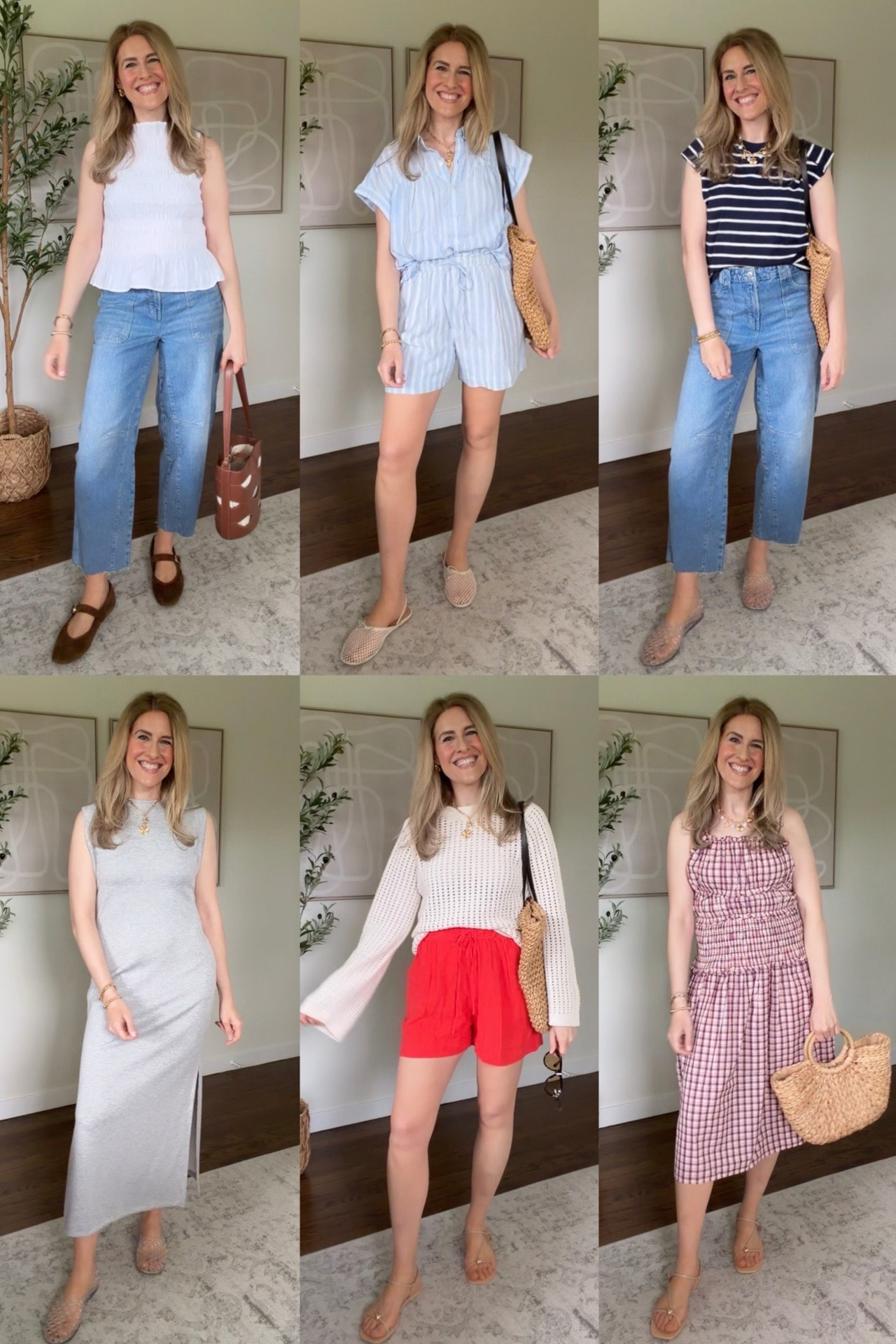 Walmart summer finds for effortless everyday style! I sized up one size to a medium in the white smocked top, the striped muscle tee, and the shorts. Stayed tts Small in the blue button down shirt, both dresses and the crochet sweater. Jeans tts 6 (they’re a rigid denim with a relaxed fit). Jelly shoes go down if between. #walmartfashion

#LTKOver40