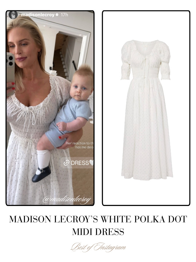 Madison LeCroy's White Polka Dot Midi Dress 📸 + Info: @madisonlecroy 

 