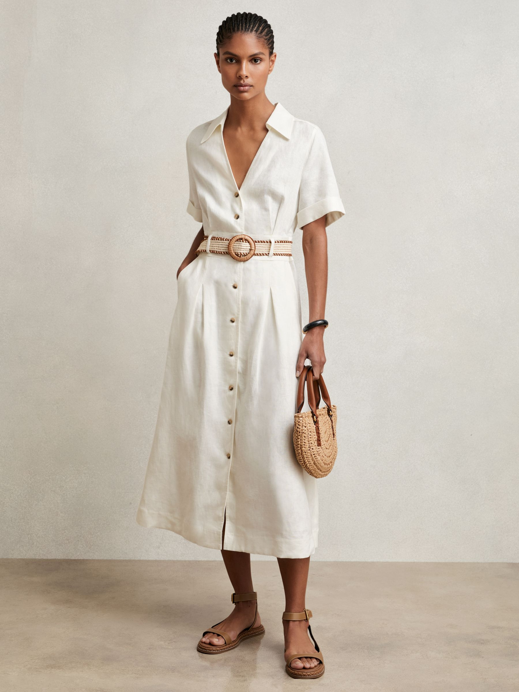 Petite Linen Belted Midi Shirt Dress in Ivory | Reiss US