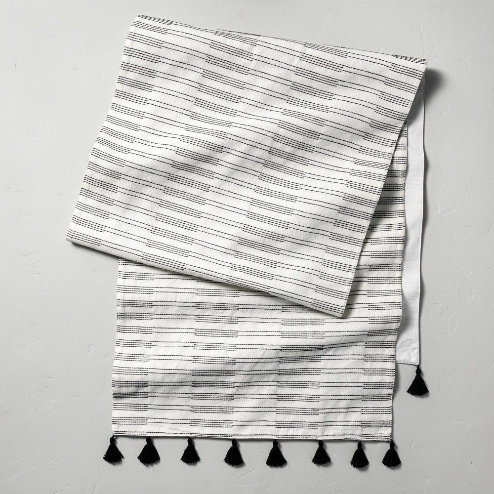 Oversized Broken Stripes Tassel Table Runner Black/Sour Cream - Hearth & Hand with Magnolia | Target