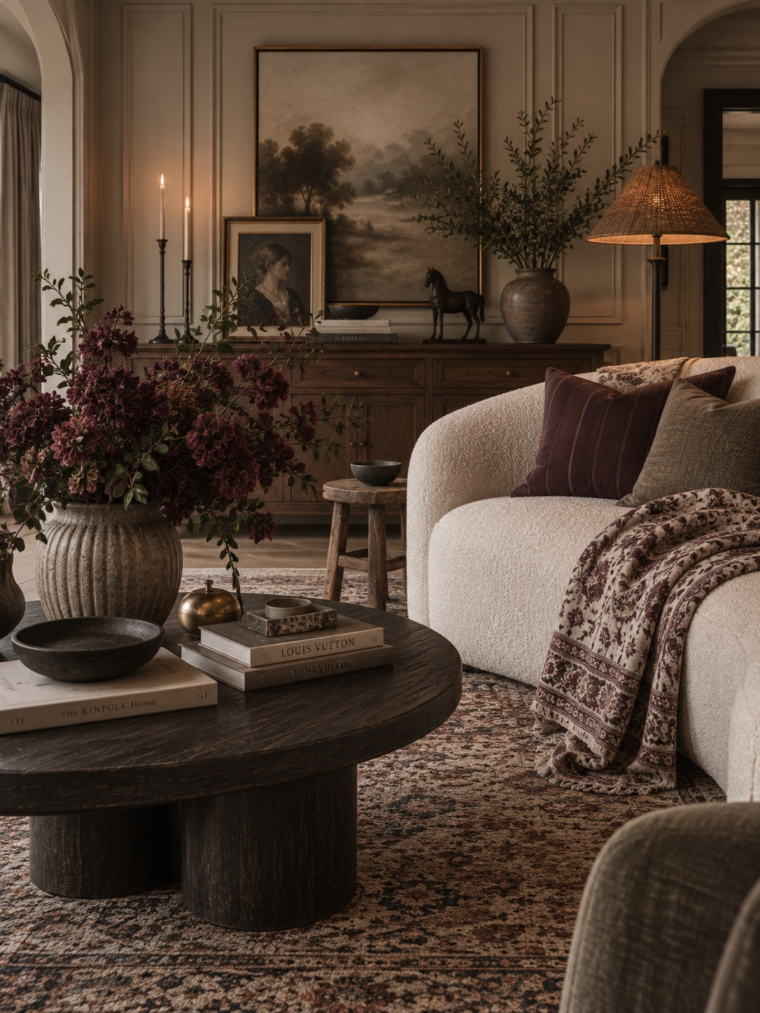 Moody Modern Traditional Living Room 🤎 This richly layered living room combines warm neutrals, deep burgundy accents, vintage-inspired decor, and timeless European character for a cozy collected look. A curved ivory boucle sofa is styled with velvet pillows and a patterned throw, while a dark round wood coffee table, vintage-style area rug, oversized landscape art, antique-inspired portrait, rustic pottery, woven floor lamp, sculptural horse decor, and dramatic floral arrangement add depth and old-world charm. Classic wall molding, warm wood furniture, layered artwork, and ambient candlelight make this an elevated fall living room with English country and modern traditional influence.

🖤 If you want to see more content like this, FOLLOW maeveandmodern on LTK, Instagram, and Pinterest! Check out our blog where we post daily, maeveandmodern.com!

Moody Living Room | Modern Traditional Living Room | English Country Decor | European Inspired Interiors | Cozy Fall Living Room | Fall Home Decor | Ivory Boucle Sofa | Curved Sofa | Burgundy Throw Pillows | Patterned Throw Blanket | Dark Wood Coffee Table | Round Coffee Table | Vintage Inspired Rug | Landscape Wall Art | Vintage Portrait Art | Rustic Pottery | Woven Floor Lamp | Console Table Styling | Sideboard Styling | Coffee Table Styling | Coffee Table Books | Burgundy Home Decor | Warm Neutral Living Room | Collected Interiors | Old World Decor | Vintage Inspired Home | Traditional Home Decor | Designer Living Room | Cozy Home Inspiration | Timeless Interior Design 

 #LTKHome #LTKSaleAlert #LTKFindsUnder100 #LTKSeasonal