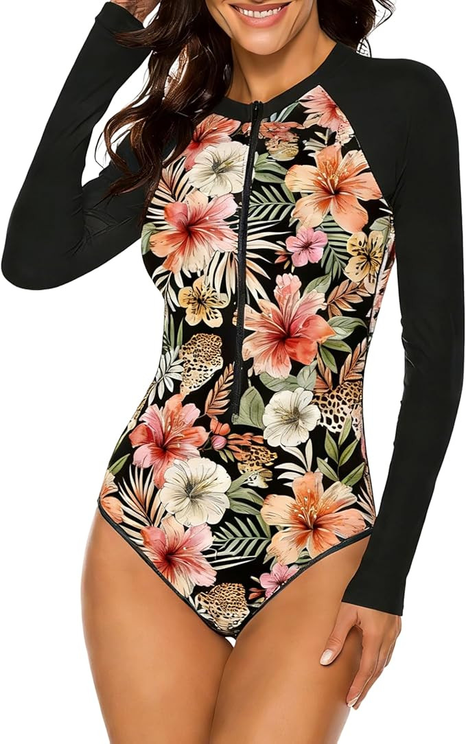 SELINK Women's Long Sleeve Rash Guard UV Protection Zipper Printed Surfing One Piece Swimsuit Bat... | Amazon (US)