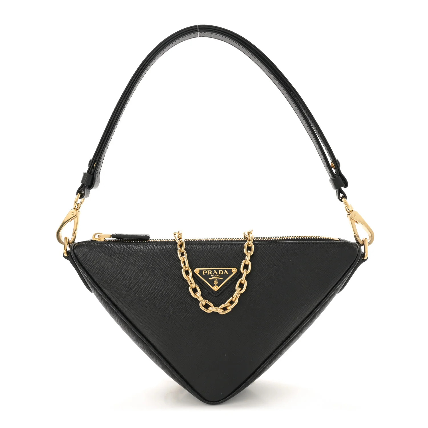 Saffiano Lux Triangle Logo Embossed Mini Triangle Bag Black | FASHIONPHILE (US)