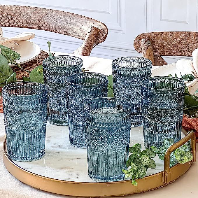 Kate Aspen Textured Striped Blue Drinking Glasses Set of 6-13 oz Vintage Glassware Set Cocktail G... | Amazon (US)