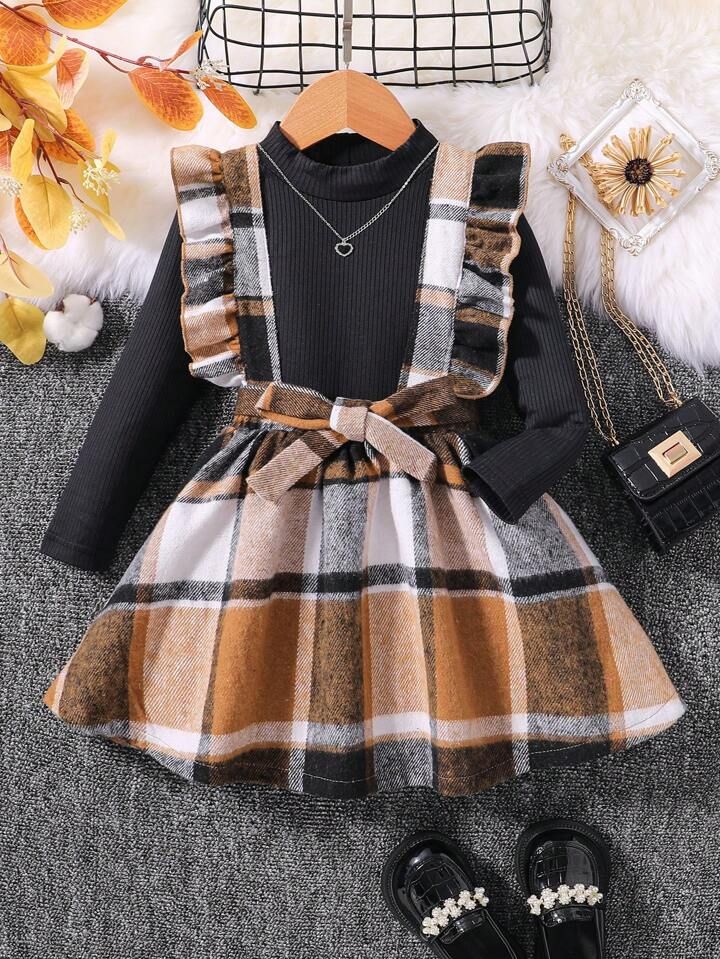 Young Girl Plaid Print Ruffle Trim Belted Dress & Mock Neck Tee | SHEIN