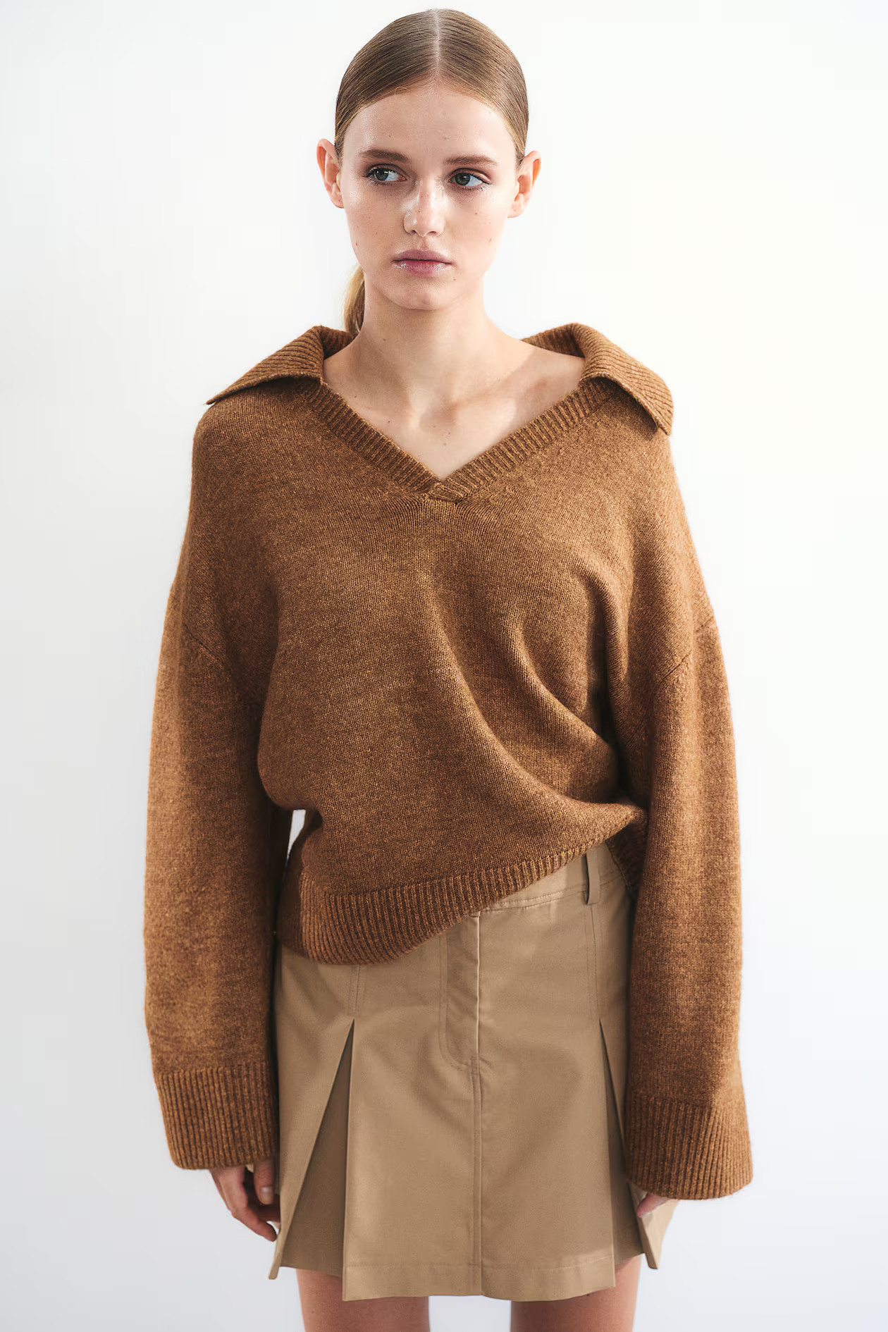 Fine-Knit Sweater with Collar - V-neck - Long sleeve - Brown melange - Ladies | H&M US | H&M (US + CA)